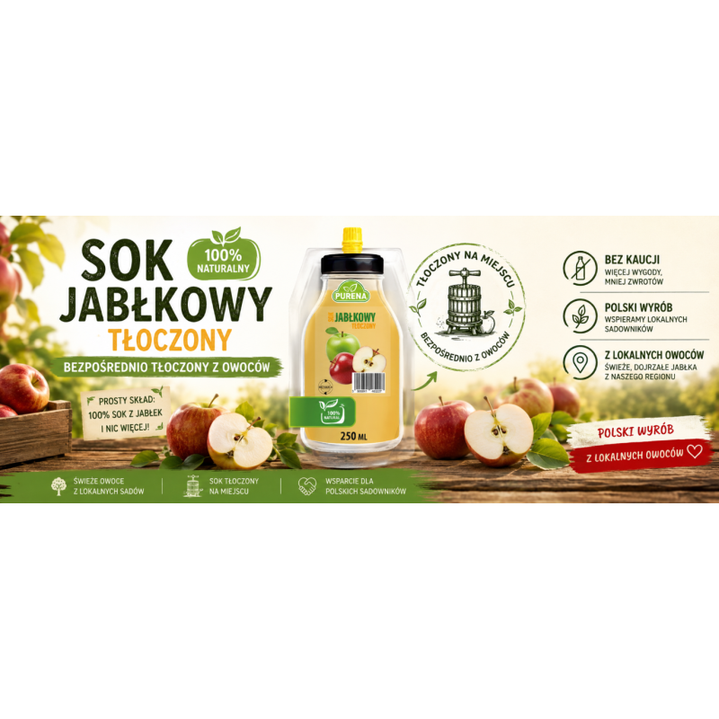 Sok jabłkowy bezpośrednio tłoczony z owoców BEZ KAUCJI PURENA 250 ml NFC