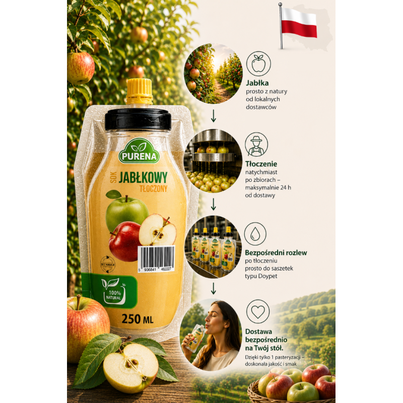 Sok jabłkowy bezpośrednio tłoczony z owoców BEZ KAUCJI PURENA 250 ml NFC