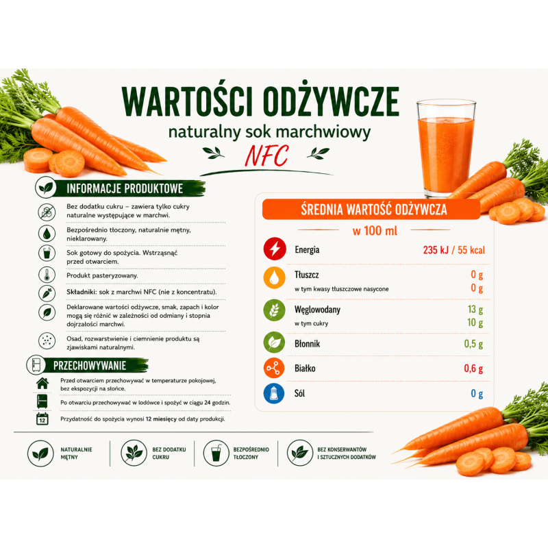 Sok marchwiowy bezpośrednio tłoczony z marchwi 250 ml