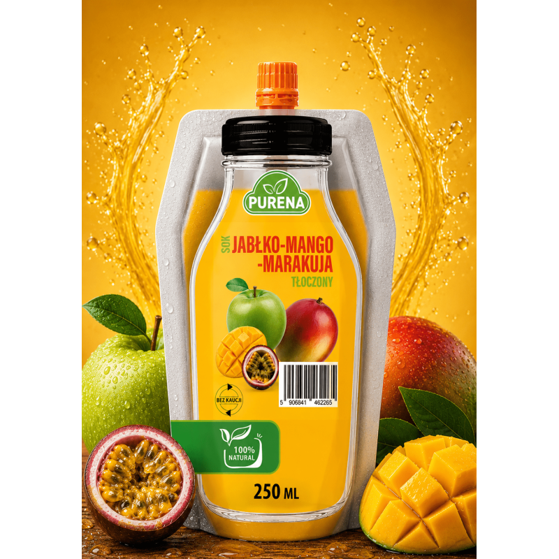 Sok jabłko mango marakuja 100% tłoczony BEZ KAUCJI PURENA 250 ml NFC
