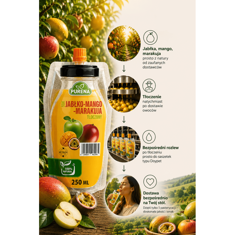 Sok jabłko mango marakuja 100% tłoczony BEZ KAUCJI PURENA 250 ml NFC