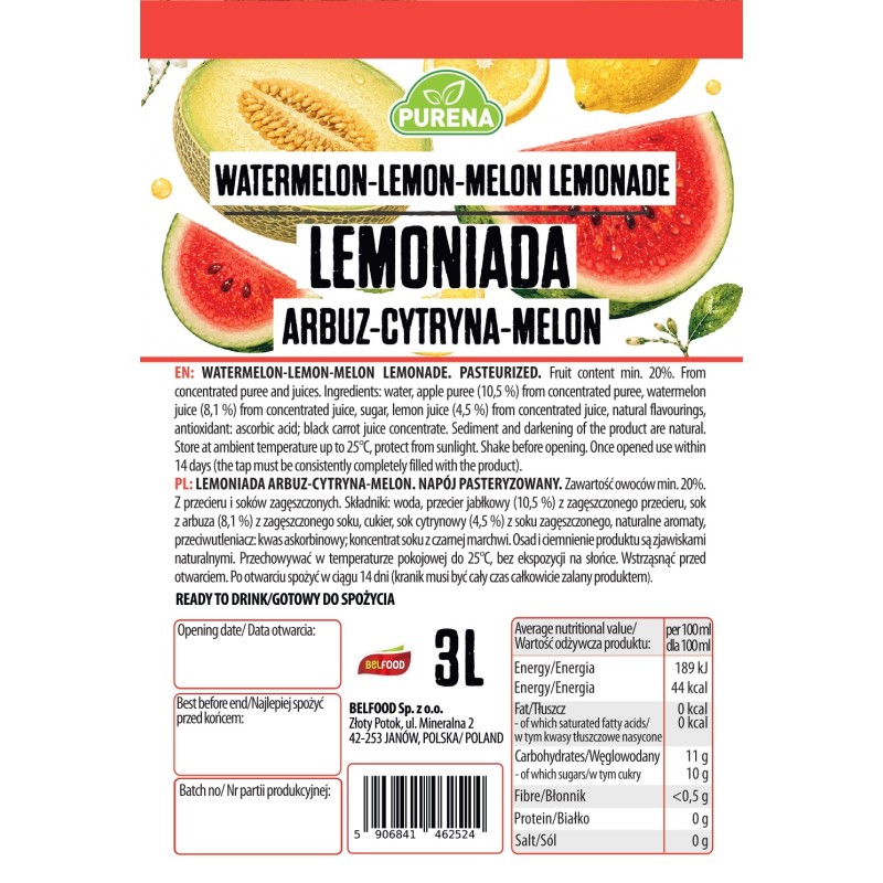 Lemoniada arbuz-cytryna-melon z kranikiem 3 L