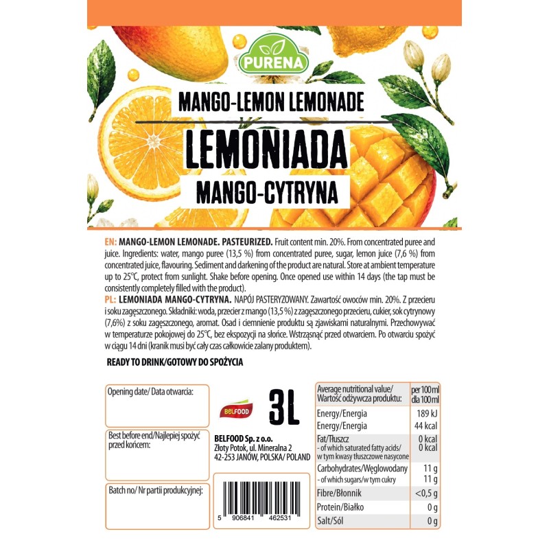 Lemoniada mango-cytryna z kranikiem PURENA 3 L