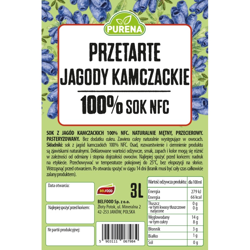 Przetarte jagody kamczackie PUREE 100% do koktajli i smoothie PURENA 3 L