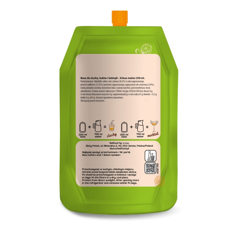 Arbuz-melon baza do slushy lodów koktajl moktajl PURENA 250 ml na 8 porcji