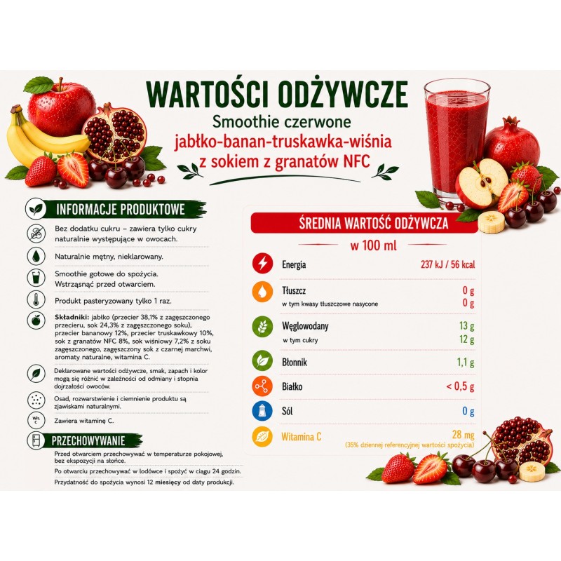 Smoothie czerwone 100% truskawka wiśnia + sok granat 250 ml
