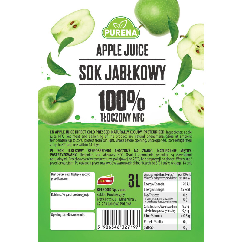 Sok jabłkowy 100% tłoczony na zimno NFC 3l Purena