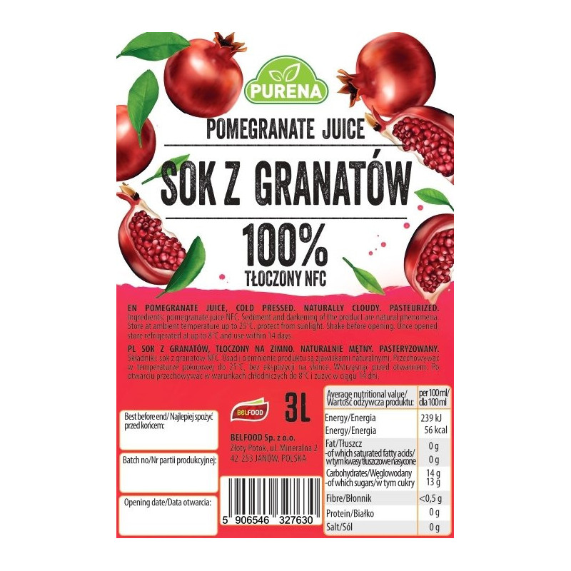 Nieklarowany sok z granatów 100% tłoczony na zimno PREMIUM NFC 3l