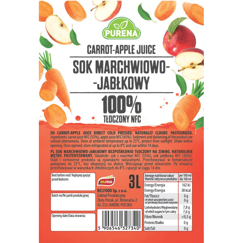 Sok marchwiowo-jabłkowy 100% tłoczony na zimno NFC 3l Purena