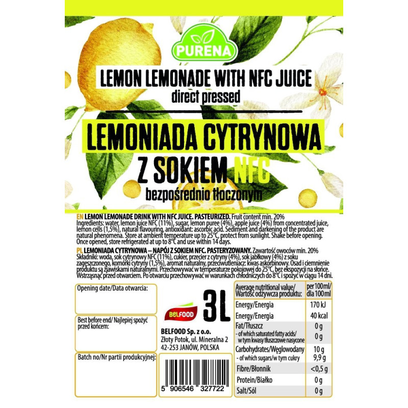 Lemoniada cytrynowa z sokiem tłoczonym na zimno PREMIUM NFC 3l