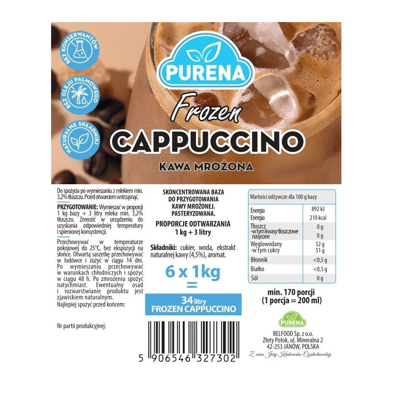 Baza do kawy mrożonej FROZEN COFFEE oraz lodów CAPPUCINO PURENA box 6x1kg