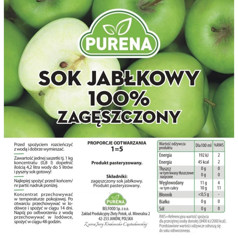 Sok jabłkowy 100% zagęszczony 1kg na 5l PURENA