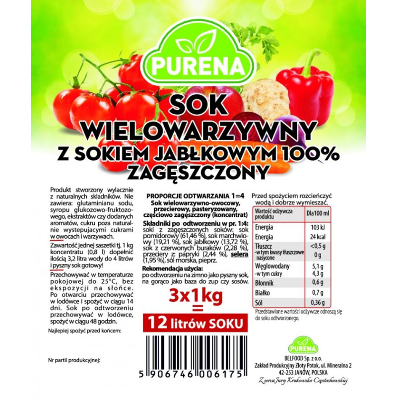 Sok wielowarzywny 100% zagęszczony 1kg na 4l Purena