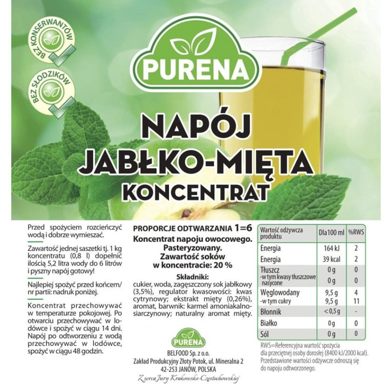 Napój jabłko-mięta koncentrat PURENA 1kg na 6l
