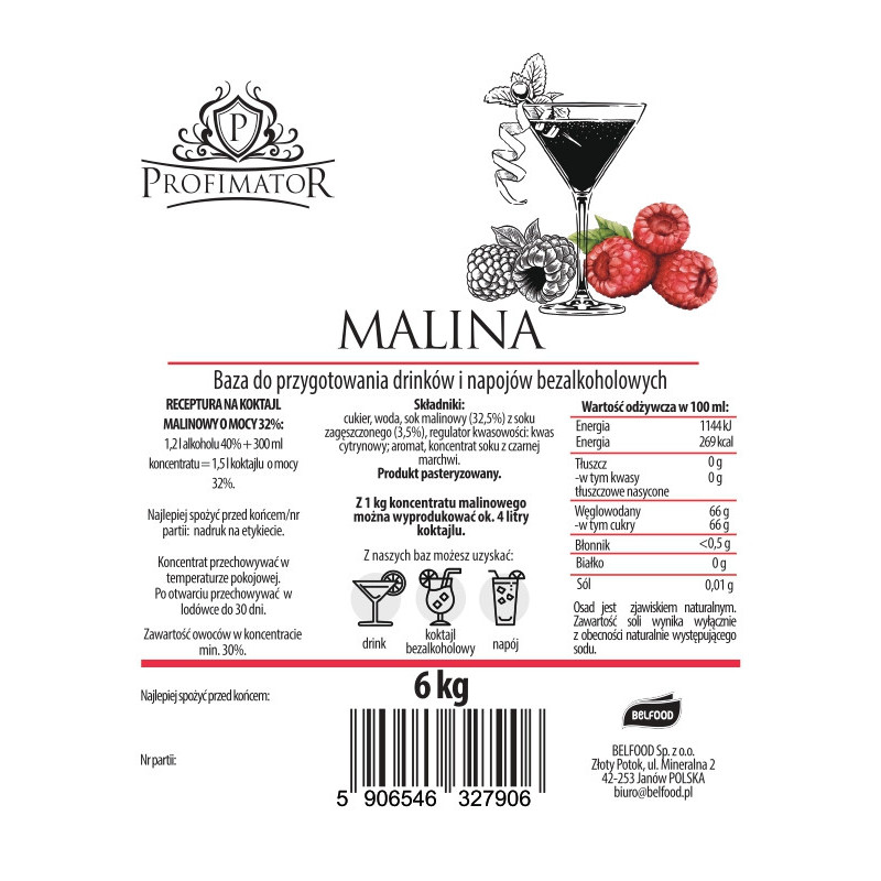Baza do drinków i bezalkoholowych koktajli MALINA PROFIATOR box 6kg