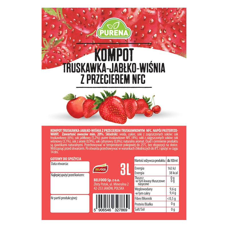 Domowy kompot truskawka-jabłko-wiśnia z przecierem NFC 3l